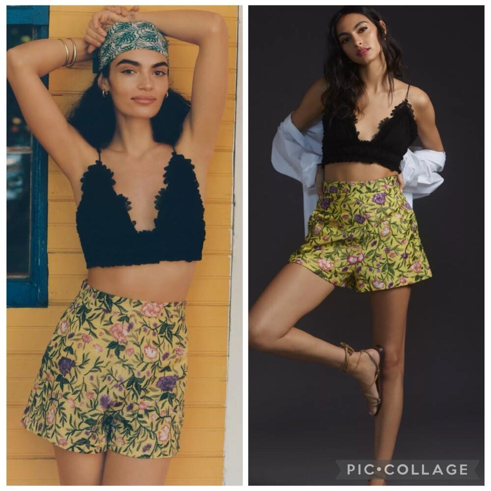 Anthropologie La Fuori Yellow Floral Embroidered Shorts Xxs Silk Cotton Textured